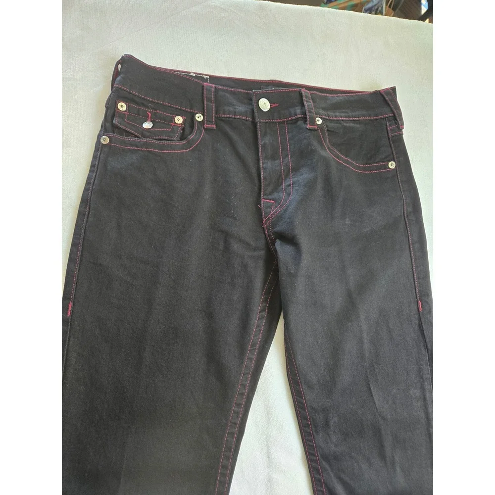 True Religion Ricky Relaxed Straight Black Jeans Red‎ Contrast Stitch Mens 36